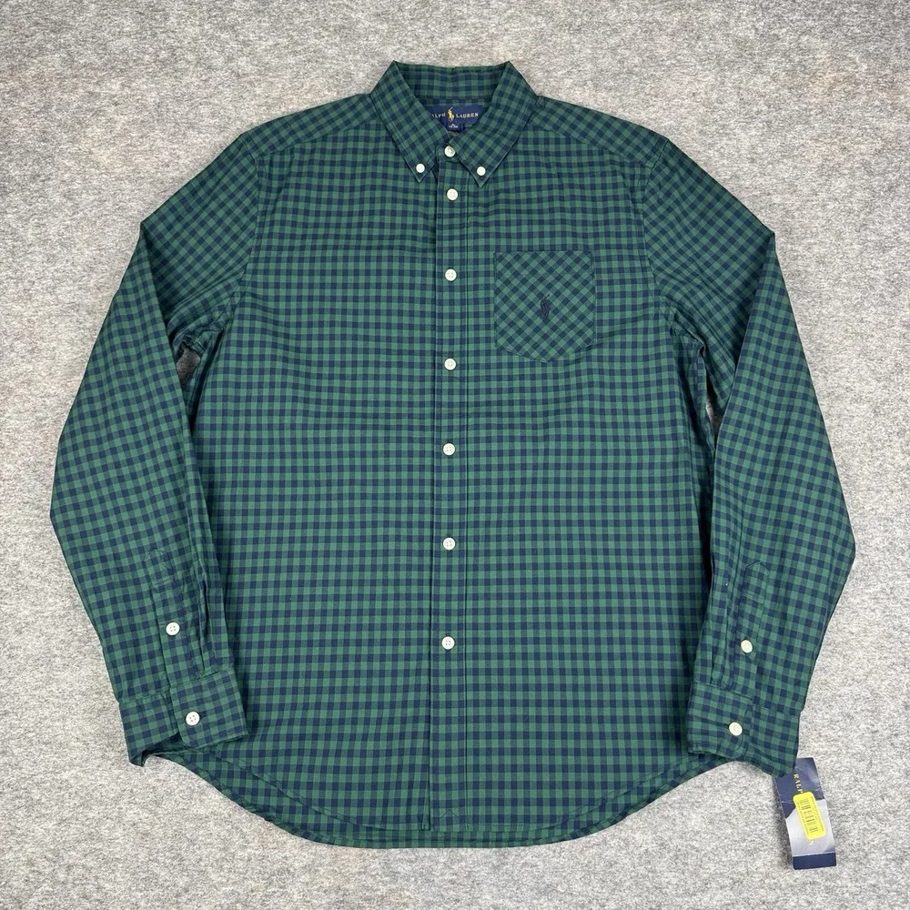 Ralph Lauren Button Down Shirt Long Sleeve Plaid Blue Green Pocket Boys XL